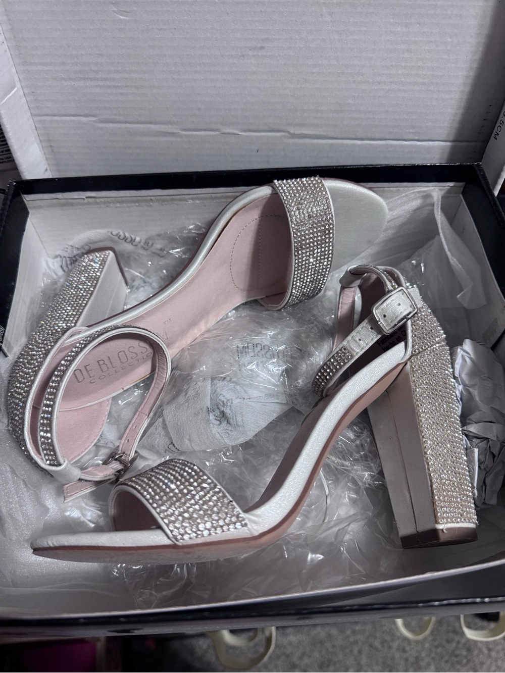 De Blossom Collection Silver Pink Crystal Block Heel Sandals